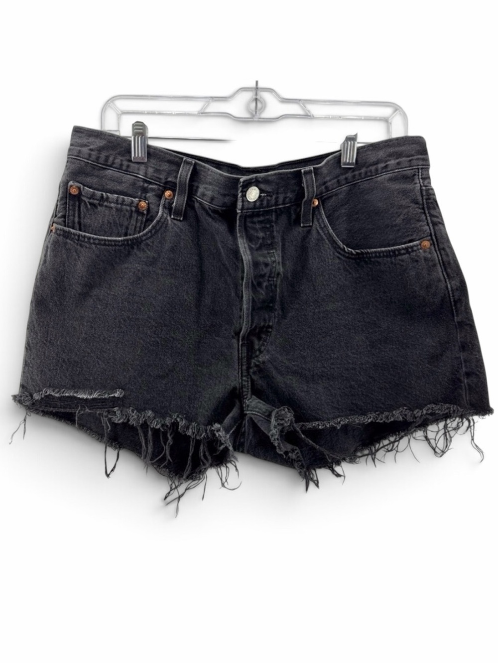Levi’s 501 Black Distressed Original Hi Rise Denim Shorts Size 32